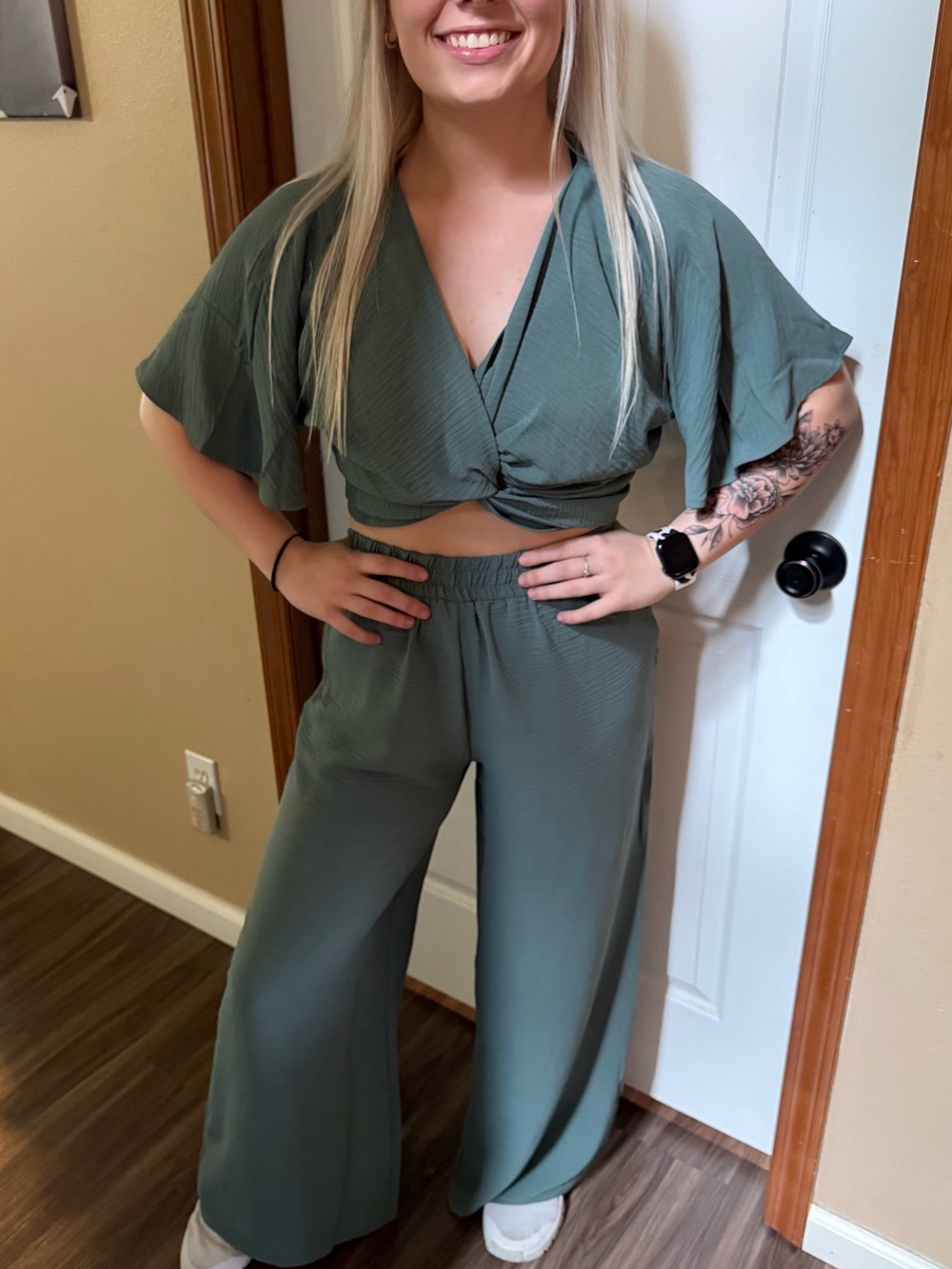 Zenana Woven Airflow Twisted Top & Wide Leg Pants Set (Ash Jade)